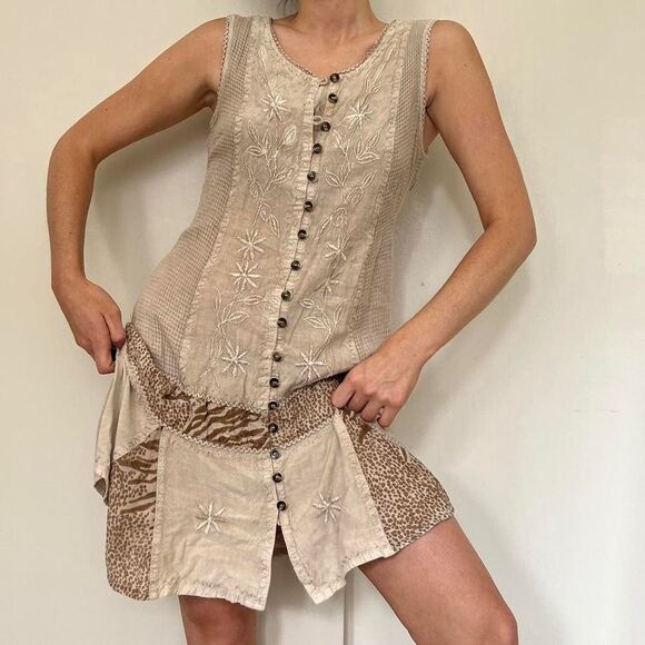 VTG Raya Sun Creme Animal Print Floral Embroidered Mixed Media Mini Dress Sz L - Picture 1 of 10